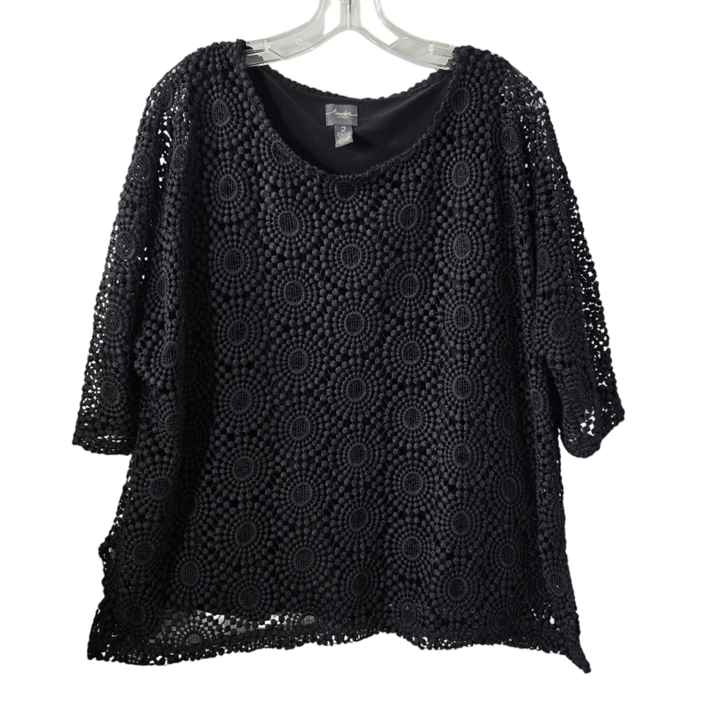 Chico's Travelers Sz 2 US Large/12 Black Lace Overlay Wrinkle-free Pullover‎ Top